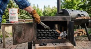 Arranging competition-grade charcoal briquettes in an offset smoker firebox.