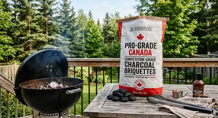 Bag of competition-grade charcoal briquettes for BBQ outdoor cooking in Canada.
