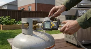 Digital propane leak detector showing a clear pressure gauge reading on a outdoor home grill