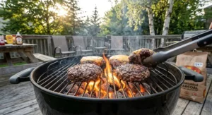 Juicy burgers sizzling over hot charcoal briquettes under $30 CAD during a Canadian cottage barbecue.