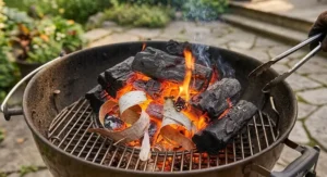 Canadian hardwood lump charcoal glowing hot after ignition with a natural fire starter.