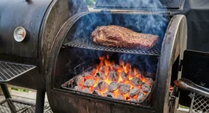 Competition-grade charcoal briquettes burning at high temperature in a smoker.