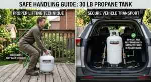 Illustration showing proper safe lifting technique and vehicle transport for a filled 30 lb propane tank on a patio or deck.