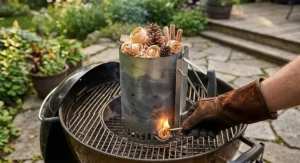 Lighting a charcoal chimney starter filled with natural fire starters on a backyard patio grill.