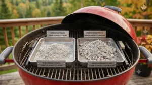 Lighting Weber briquettes vs Kingsford briquettes in dual chimney starters during a charcoal grill burn test.