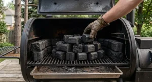Uniform natural hardwood briquettes for smokers arranged in a charcoal smoker for extended heat and consistent temperature control.