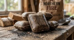 Low-ash natural hardwood briquettes for smokers burning steadily in an offset smoker during a cold Canadian winter day.