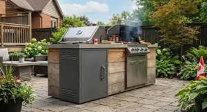 Durable metal propane tank hideaway cabinet positioned in a modern backyard barbecue area