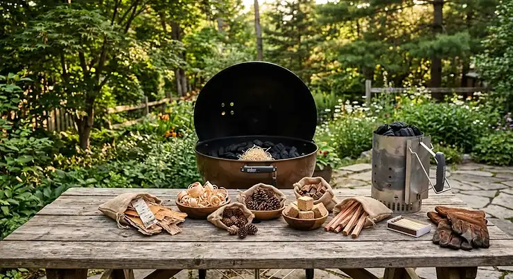 A selection of natural fire starters for charcoal BBQ arranged on a wooden table in a Canadian backyard.