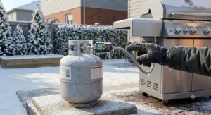 Handheld electronic propane sniffer detecting gas leaks near a home barbecue hose and regulator