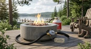 Propane hose and regulator kit connected to an outdoor propane fire pit on a cottage deck
