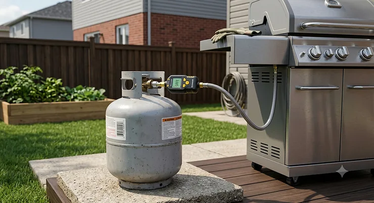 Propane leak detector installed on a home BBQ cylinder tank in a suburban Canadian backyard