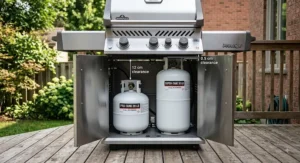 Illustration testing if a 30 lb propane cylinder fits inside a standard barbecue grill cabinet compared to a standard 20 lb tank clearance.