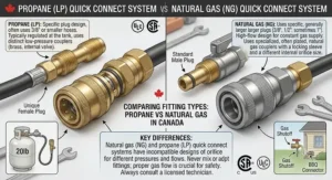 Comparison of quick connect propane fittings versus natural gas BBQ connectors in Canada.