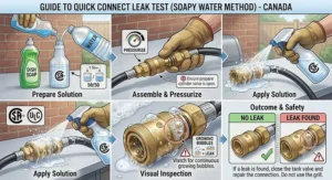 Illustration of checking a quick connect propane fitting on a BBQ for gas leaks using soapy water.
