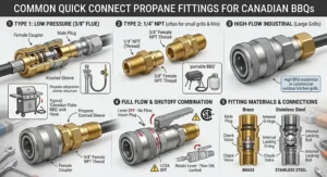 Diagram showing common quick connect propane fittings for Canadian BBQ setups and outdoor gas grills.