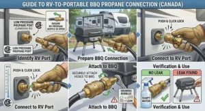 Connecting a quick connect propane fitting from a Canadian RV low-pressure port to a portable BBQ.