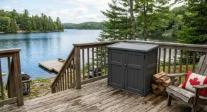 Weatherproof resin propane tank storage enclosure placed on a cottage deck overlooking a lake