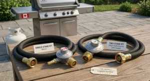 Comparison view of single-stage and two-stage propane hose and regulator kits for Canadian outdoor cooking