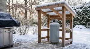 Checking a 20 lb propane tank for BBQ gas leaks by applying soapy water around the connection valve.