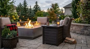 Dual-purpose propane tank cover functioning as an outdoor side table next to a fire pit