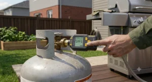 Checking a home BBQ propane leak detector connection for gas leaks using a soapy water test