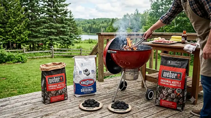 Weber briquettes vs Kingsford briquettes bag comparison on a wooden patio deck in Canada.