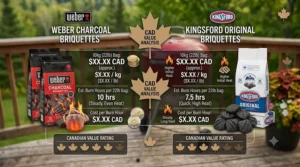 Cost and burn duration value breakdown for Weber briquettes vs Kingsford briquettes in Canadian dollars.