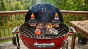 Clean hardwood smoke rising from grilling meat, comparing flavor profiles of Weber briquettes vs Kingsford briquettes.