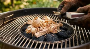 Close-up of dry wood chips used as a natural fire starter for lighting a charcoal grill outdoors.
