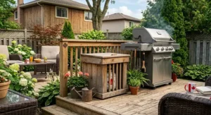 Decorative wooden propane tank cover box blending seamlessly into a Canadian backyard deck