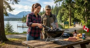 Using an adjustable-flame butane fire starter to ignite a park picnic BBQ in Western Canada.