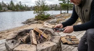 Affordable long-reach BBQ lighter under $25 CAD lighting a rustic campfire at a Canadian lakeside cottage.