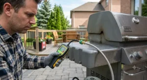 Homeowner inspecting gas line connections using an LED indicator propane leak detector for home BBQ safety
