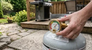 A brass BBQ propane tank meter featuring an integrated leak detector mechanism costing under $30 CAD.