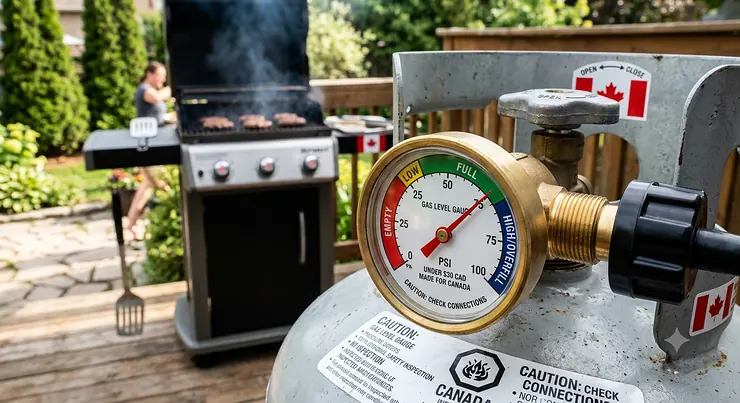 A close-up of a color-coded propane tank gauge dial showing gas level, priced under $30 CAD for backyard BBQs in Canada. BBQ propane tank gauge under $30 CAD