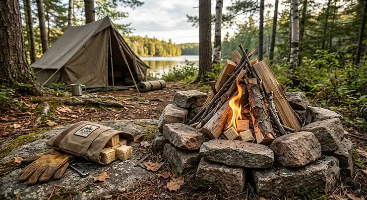 Eco-friendly fire starter cubes placed next to a campfire setup in Algonquin Park Canada.