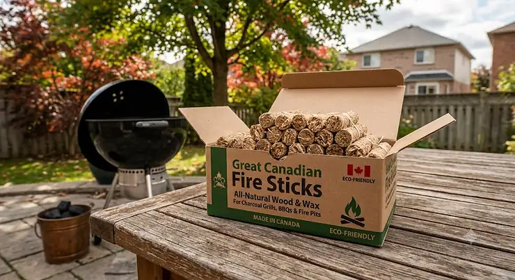 A box of natural fire starter sticks for charcoal grills on a wooden patio table in Canada fire starter sticks for charcoal grills