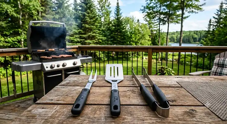Affordable 3-piece stainless steel budget BBQ tool set with spatula, tongs, and fork on a deck in Canada