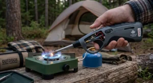 Budget-friendly long-reach BBQ lighter under $25 CAD lighting a portable camp stove during a Canadian outdoor camping trip.