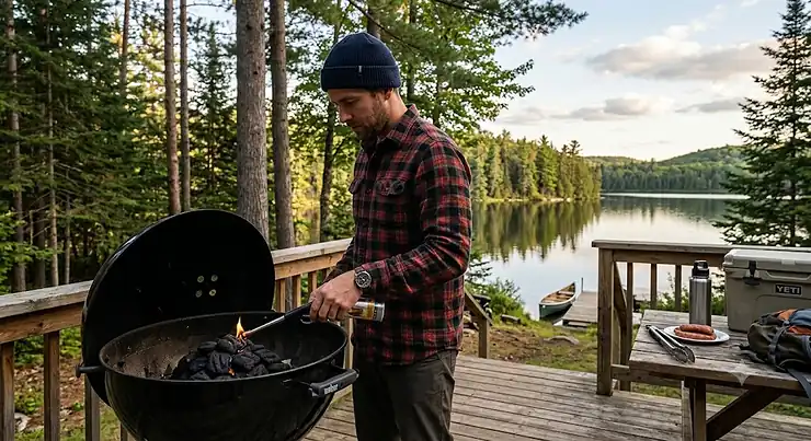 A camper lighting a backyard BBQ grill in Algonquin Park using a refillable butane fire starter. butane fire starter for camping and BBQing