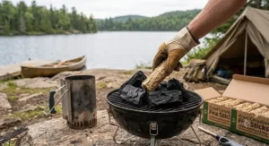 Using water-resistant fire starter sticks for a charcoal grill at a Canadian campsite