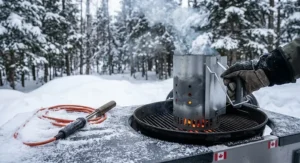 A charcoal chimney starter in action during a cold Canadian winter barbecue session.