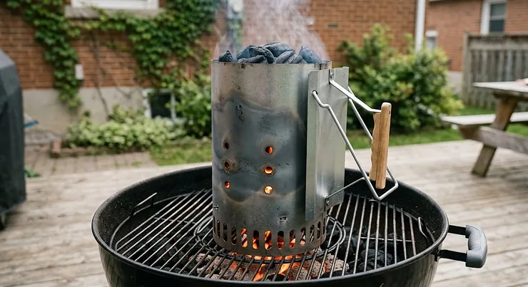 Best value charcoal chimney starter under 40 CAD standing on a metal patio grill grate with glowing red embers. charcoal chimney starter under $40 CAD