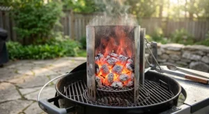 Charcoal embers glowing red inside a chimney starter after lighting naturally outdoors.