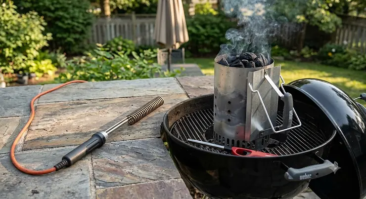 A chimney starter side by side with an electric fire starter on a patio BBQ setup. chimney starter vs electric fire starter for charcoal