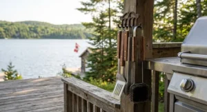 Complete stainless steel bbq tool set hanging on a grill hook at a Canadian lakefront cottage deck.