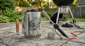 A comparison showing a durable steel chimney starter next to an electric charcoal fire starter wand.