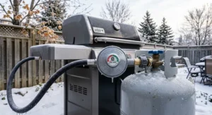 Dual stage gas regulator for BBQ designed to maintain steady pressure during cold Canadian winters.