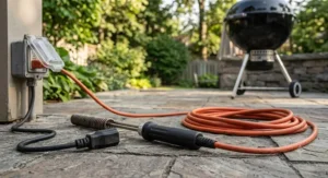 An electric fire starter plugged into an outdoor heavy-duty extension cord for grilling.